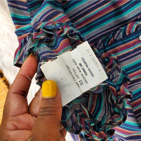 Vtg Ruffle Detail TRY 1 Striped Multicolored Secretary Style Shirt. Sz S Fit - Picture 3 of 12
